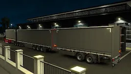 Triple remorque stationnée de nuit dans Euro Truck Simulator 2, illustrant un mod de configurations possédées pour remorques longues.