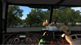 Aperçu du mod Farsel’s Cab Cats montrant un chat roux allongé sur le tableau de bord d’une cabine de camion avec GPS en simulation camion.