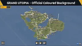 Carte Grand Utopia pour Euro Truck Simulator 2 avec fond coloré officiel affichant les routes, villes et zones de l’île.
