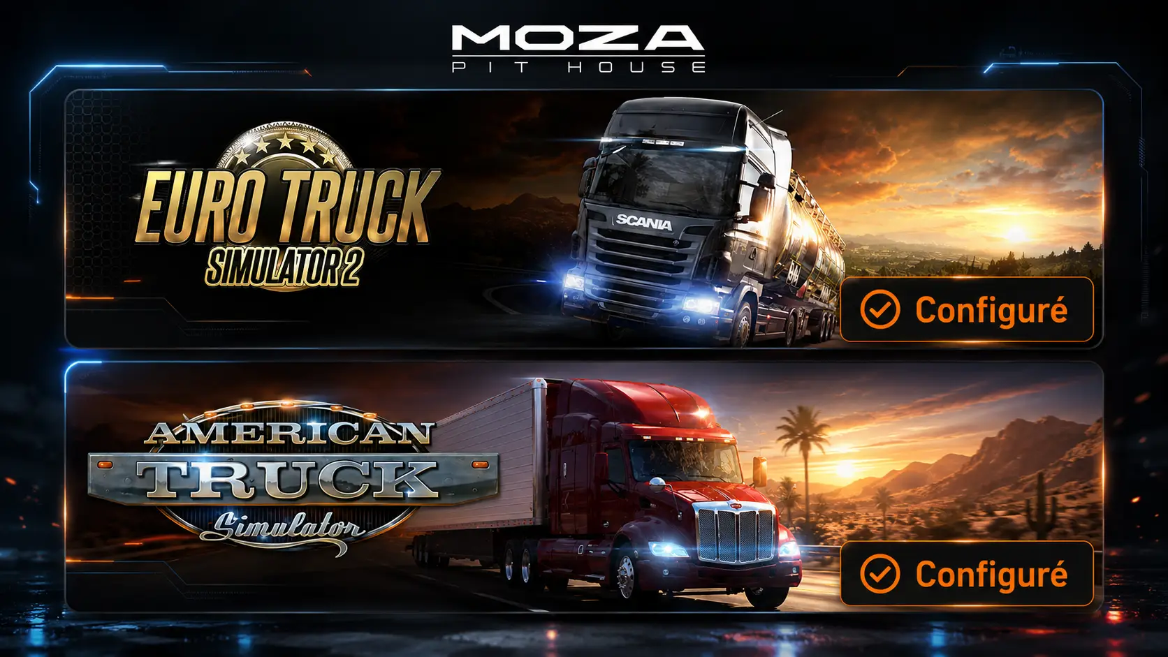MOZA Pit House télémétrie ETS2 ATS avec Euro Truck Simulator 2 et American Truck Simulator configurés.