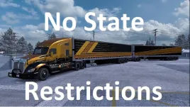 Camion jaune avec double remorque dans American Truck Simulator, illustrant le mod No State Restrictions pour les combinaisons de remorques étendues.