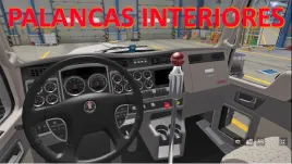 Vue intérieure d’un camion dans American Truck Simulator avec levier de vitesse personnalisé, tableau de bord et texte Palancas Interiores.