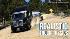 Camion noir roulant sur une route poussiéreuse avec le texte Realistic Truck Physics, illustrant un mod de physique réaliste pour simulation camion.