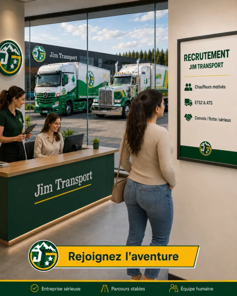 Candidate devant une affiche de recrutement Jim Transport dans un bureau moderne, avec camions de flotte visibles pour ETS2 et ATS.