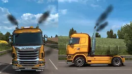 Camion Scania orange dans Euro Truck Simulator 2 avec fumée noire visible à l’échappement, illustrant un mod de fumée réaliste.