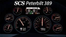 Tableau de bord personnalisé du SCS Peterbilt 389 dans American Truck Simulator, avec compteurs lumineux et affichage central de vitesse.