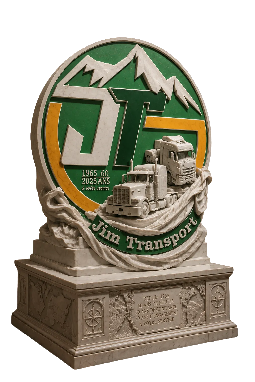 Statue commémorative du logo Jim Transport en marbre, avec emblème vert et jaune, montagnes, camions sculptés et plaque célébrant 60 ans de routes et d’engagement.