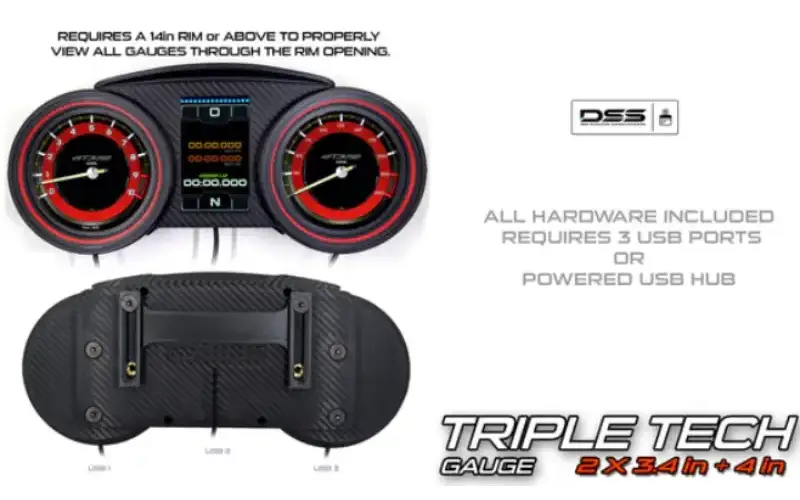 Visuel du Triple Tech Gauge compatible SimHub avec deux cadrans de 3,4 pouces et un écran central de 4 pouces pour sim racing.