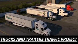 Plusieurs camions et remorques dans American Truck Simulator, illustrant le mod Trucks and Trailers Traffic Project pour enrichir le trafic IA.