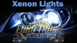 Visuel du mod Xenon Lights pour Euro Truck Simulator 2, avec gros plan sur des phares xénon bleutés et lumineux.