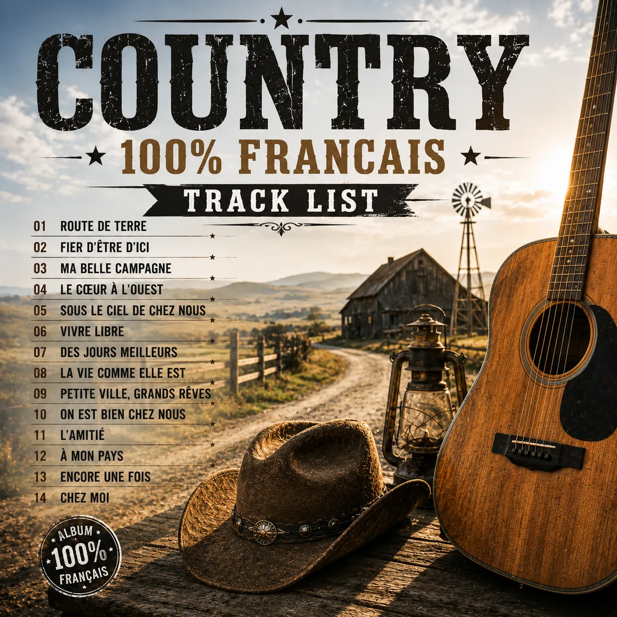 Pochette de l'album Country 100 % Français avec la liste des chansons, une guitare acoustique, un chapeau de cowboy et une campagne au coucher du soleil.