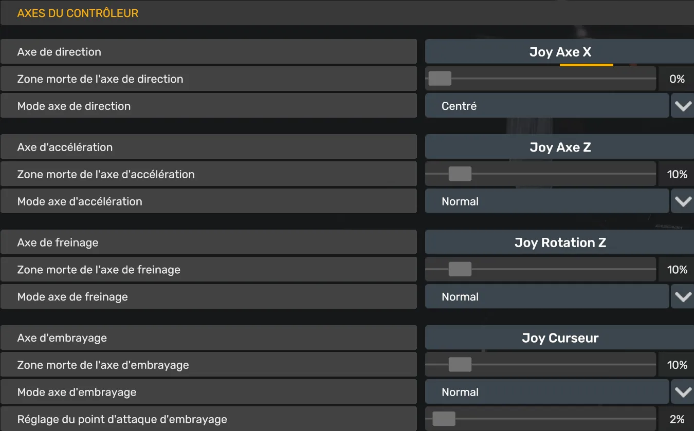 Réglages des axes de direction, accélérateur, frein et embrayage dans American Truck Simulator et Euro Truck Simulator 2.