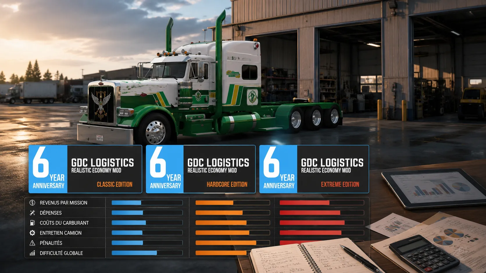 Comparatif des versions Classic, Hardcore et Extreme du mod GDC Logistics Realistic économie Mod pour ATS et ETS2.