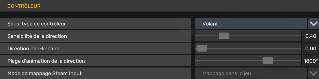 Réglages du contrôleur volant avec angle de rotation 1800 degrés dans American Truck Simulator et Euro Truck Simulator 2.