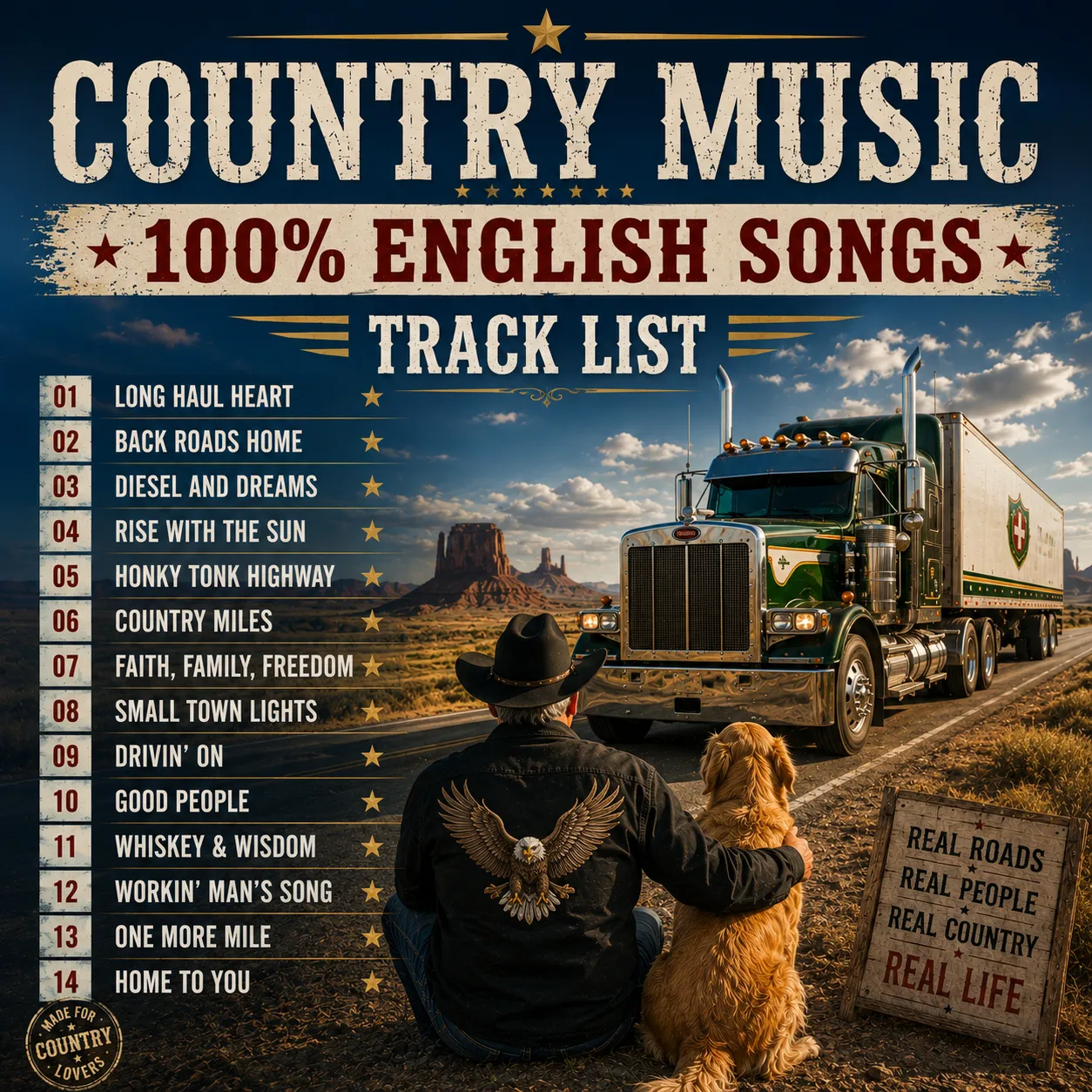 Pochette de la track list de l'album Country Music 100% English Songs avec un camion américain, un cowboy, un chien et un paysage du Far West.