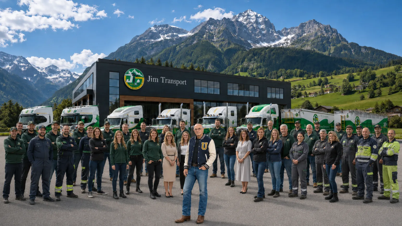 Équipe Jim Transport réunie devant le siège de l’entreprise en Suisse avec les chauffeurs, mécaniciens, personnel administratif et camions de la flotte.