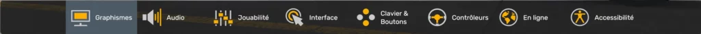 Menu principal des paramètres American Truck Simulator 1.59 avec les catégories graphiques, Audio, Jouabilité, Interface, Clavier et boutons, Contrôleurs, En ligne et Accessibilité.