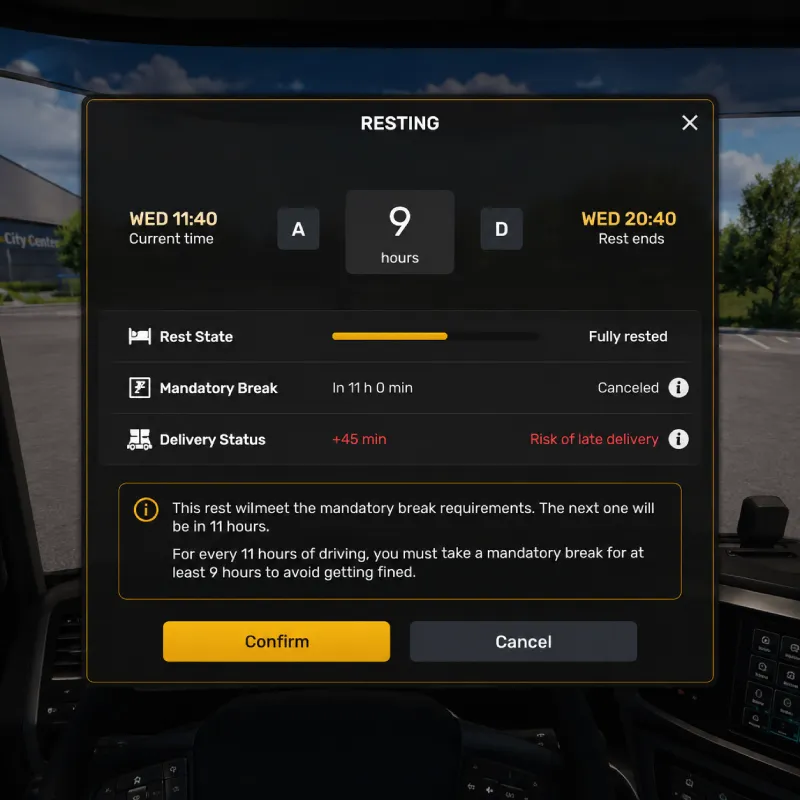 Interface de repos de la mise à jour 1.60 affichant la durée de repos, la pause obligatoire, l’état du conducteur et le risque de retard de livraison dans ATS et ETS2.