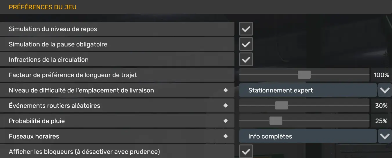 Préférences du jeu ATS et ETS2 1.60 avec réglages RP réalistes