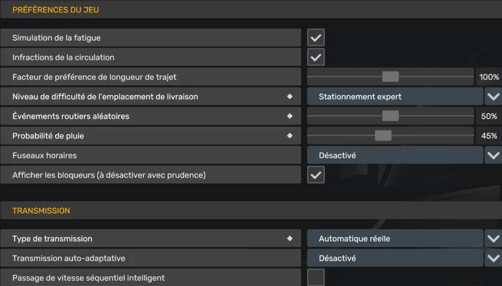 Réglages des préférences du jeu et de la transmission dans ATS 1.59 pour une conduite réaliste
