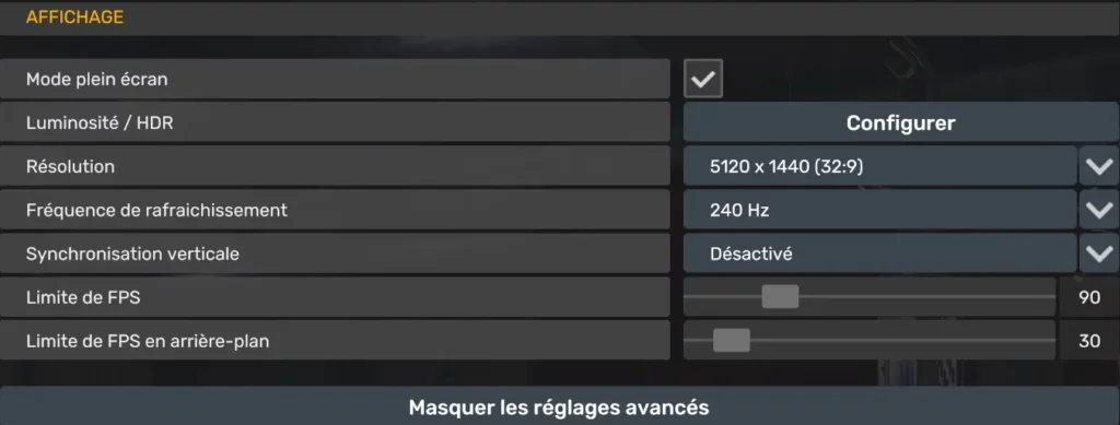 Réglages d’affichage ATS et ETS2 avec écran Samsung Odyssey G9 en résolution 5120x1440, fréquence 240 Hz, V-Sync désactivée et limite FPS réglée à 90.