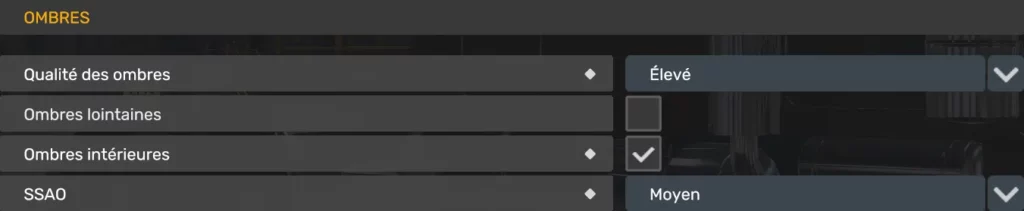 Réglages des ombres ATS et ETS2 avec qualité élevée, ombres intérieures activées et SSAO réglé sur moyen.