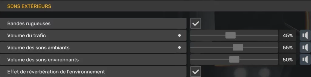 Paramètres des sons extérieurs dans ATS et ETS2 pour une immersion réaliste en conduite.