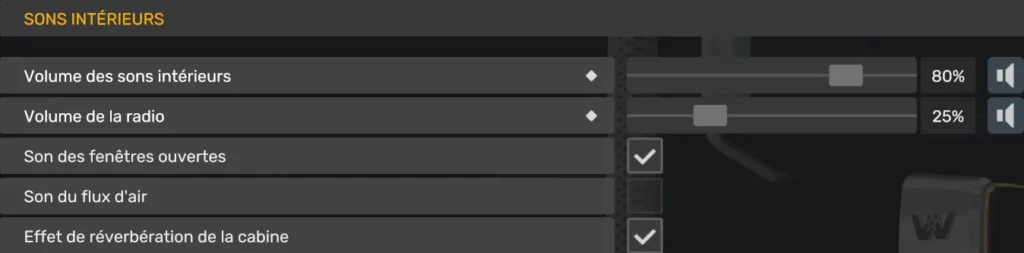 Paramètres des sons intérieurs dans ATS et ETS2 pour une immersion réaliste en cabine.