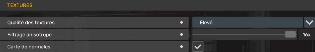 Réglages des textures ATS et ETS2 avec qualité élevée, filtrage anisotrope 16x et cartes de normales activées.