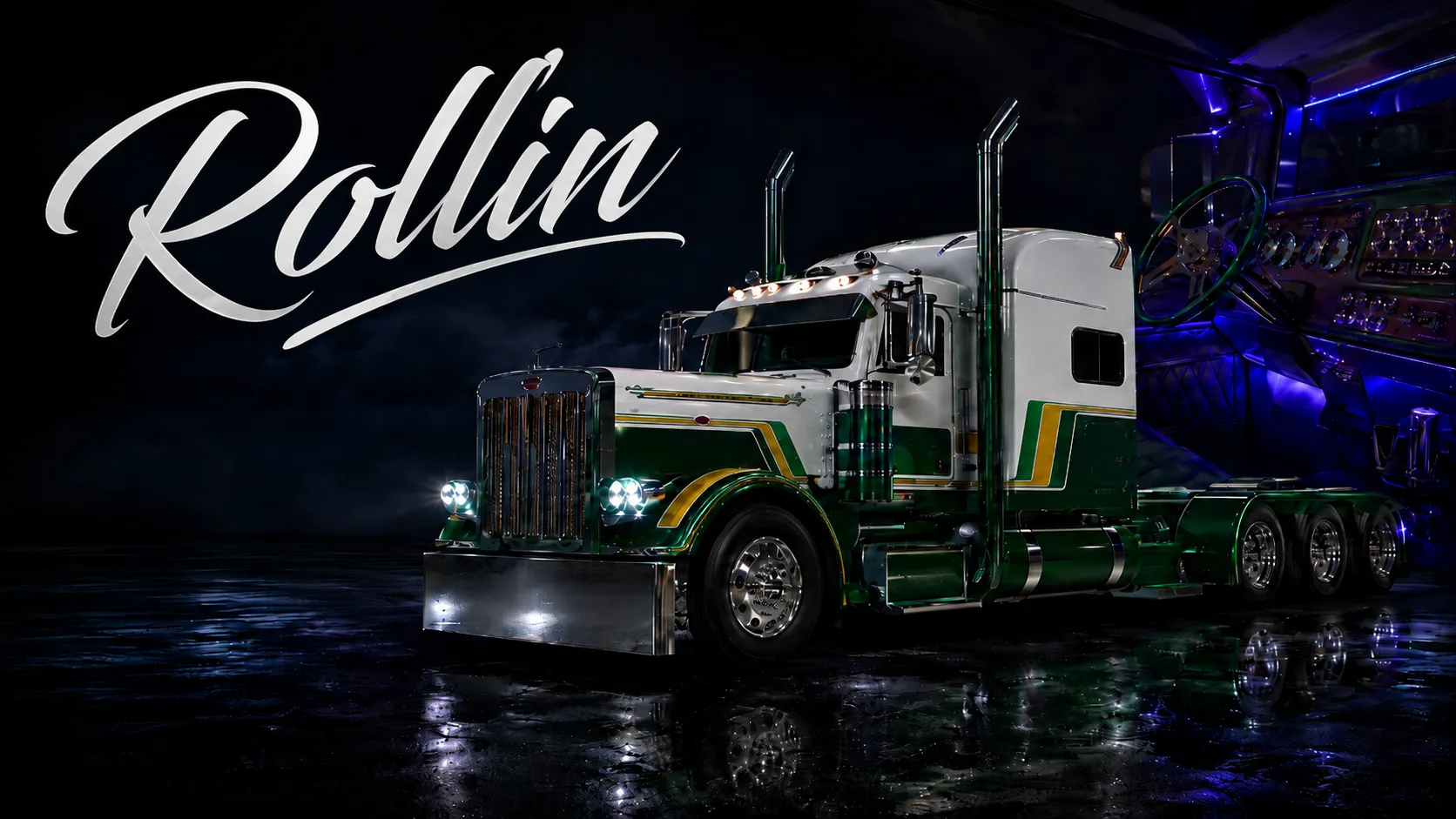Peterbilt 389 Rollin personnalisé de nuit avec cabine premium éclairée en bleu et intérieur haut de gamme dans American Truck Simulator.