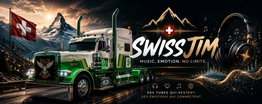 Bannière Swiss Jim Music avec un Peterbilt 389, les Alpes suisses, le drapeau suisse et un univers musical country Americana.
