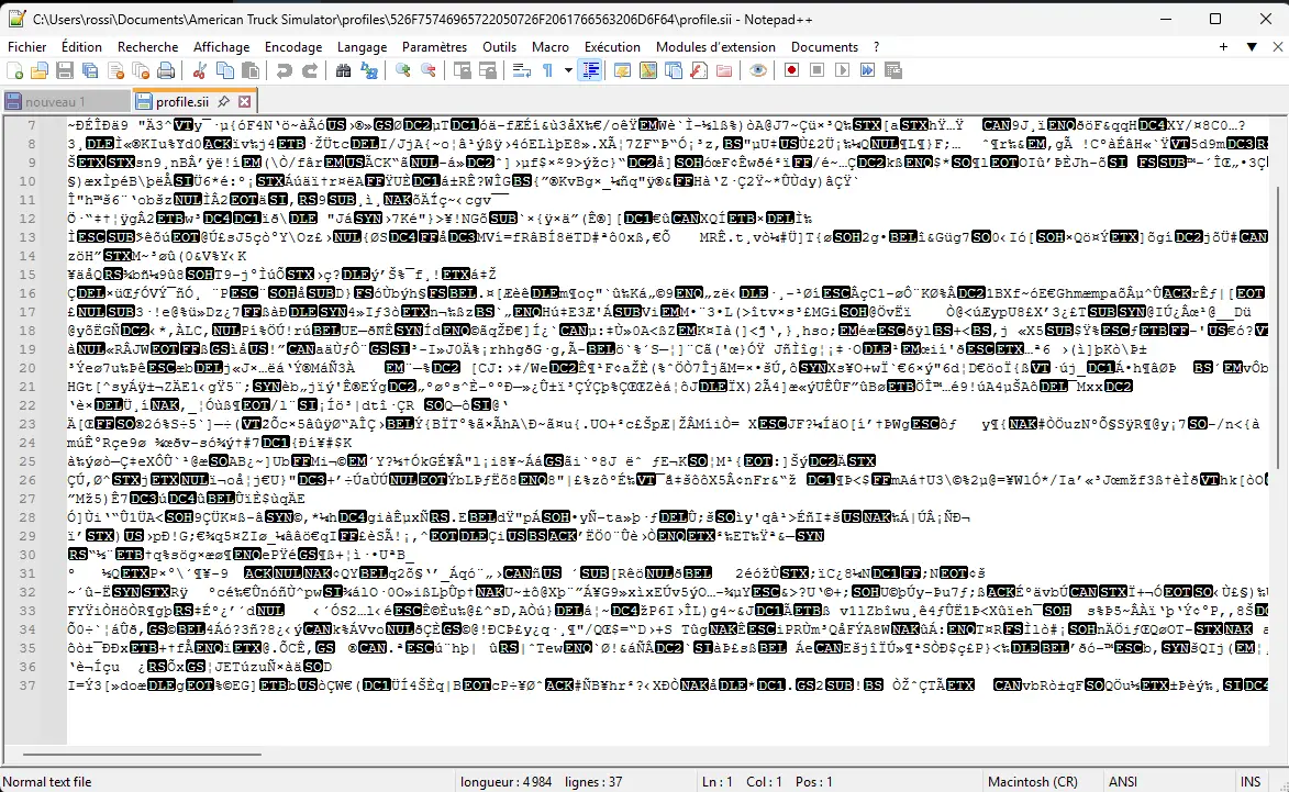 Fichier profile.sii ATS illisible avant décryptage dans Notepad++