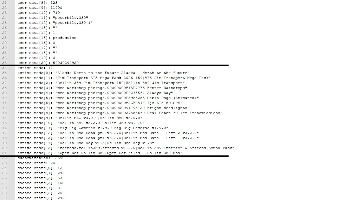 Bloc active_mods du fichier profile.sii avec l’ordre des mods ATS
