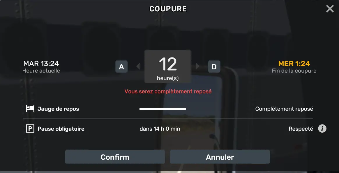 Menu de coupure ATS et ETS2 avec repos de 12 heures, jauge de repos complète et pause obligatoire respectée.