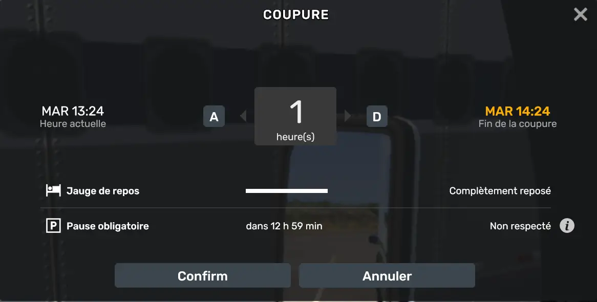 Menu de coupure ATS et ETS2 avec jauge de repos, pause obligatoire et durée de repos sélectionnée.