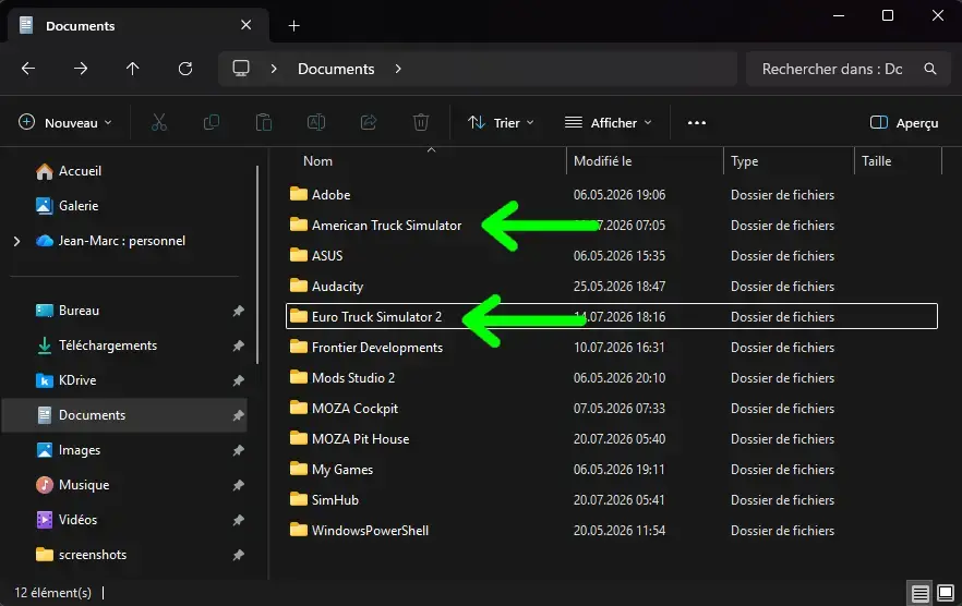 Dossiers ATS et ETS2 dans Documents sous Windows