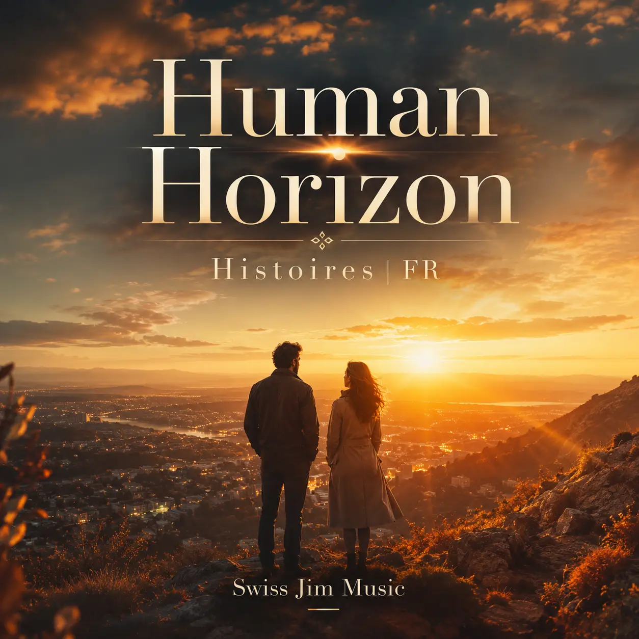Image de la playlist Human Horizon — Histoires | FR de Swiss Jim Music, montrant deux personnes face à un horizon lumineux au-dessus d’une ville.