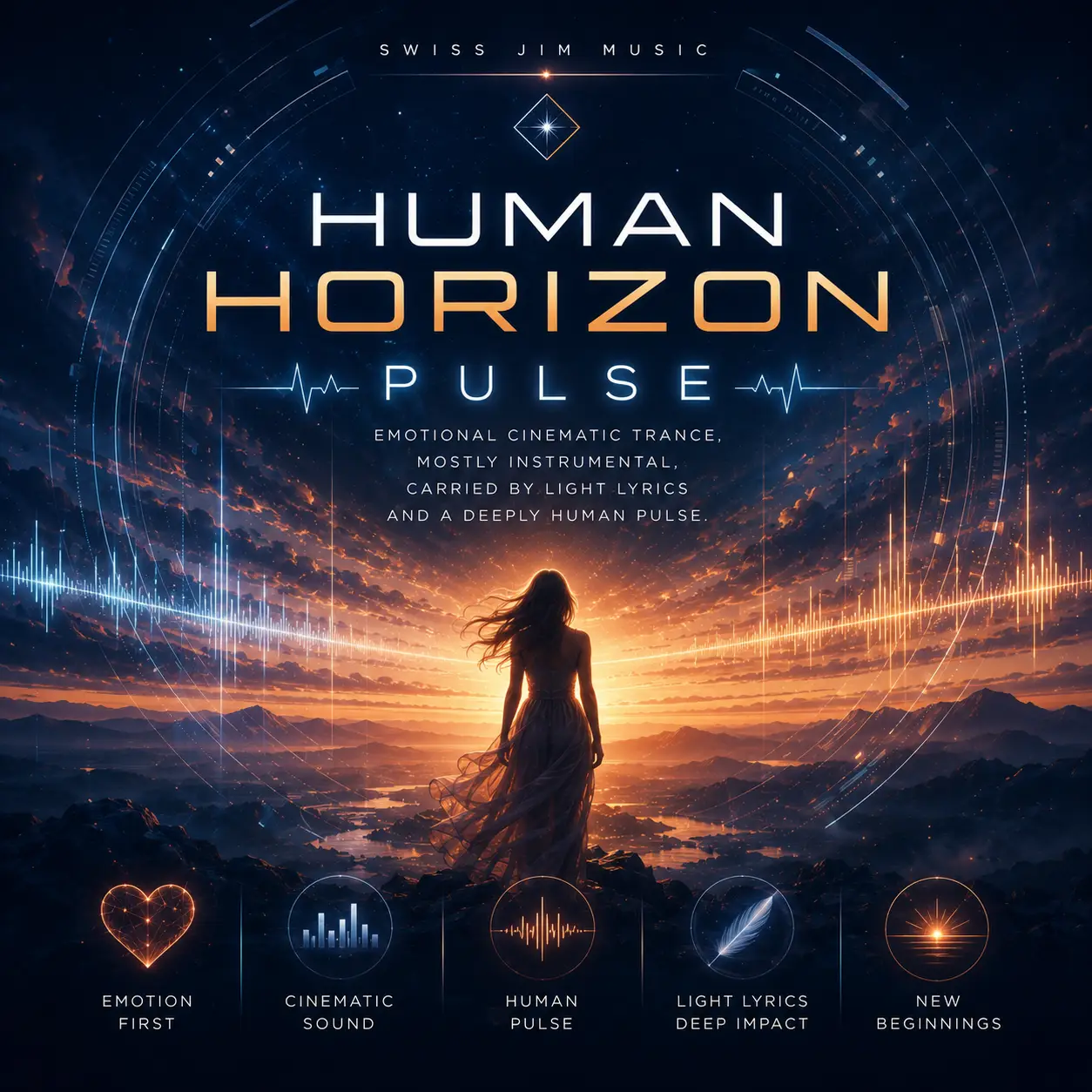 Visuel de la playlist Human Horizon — Pulse de Swiss Jim Music, représentant une femme face à un horizon lumineux entouré d’ondes sonores cinématographiques.