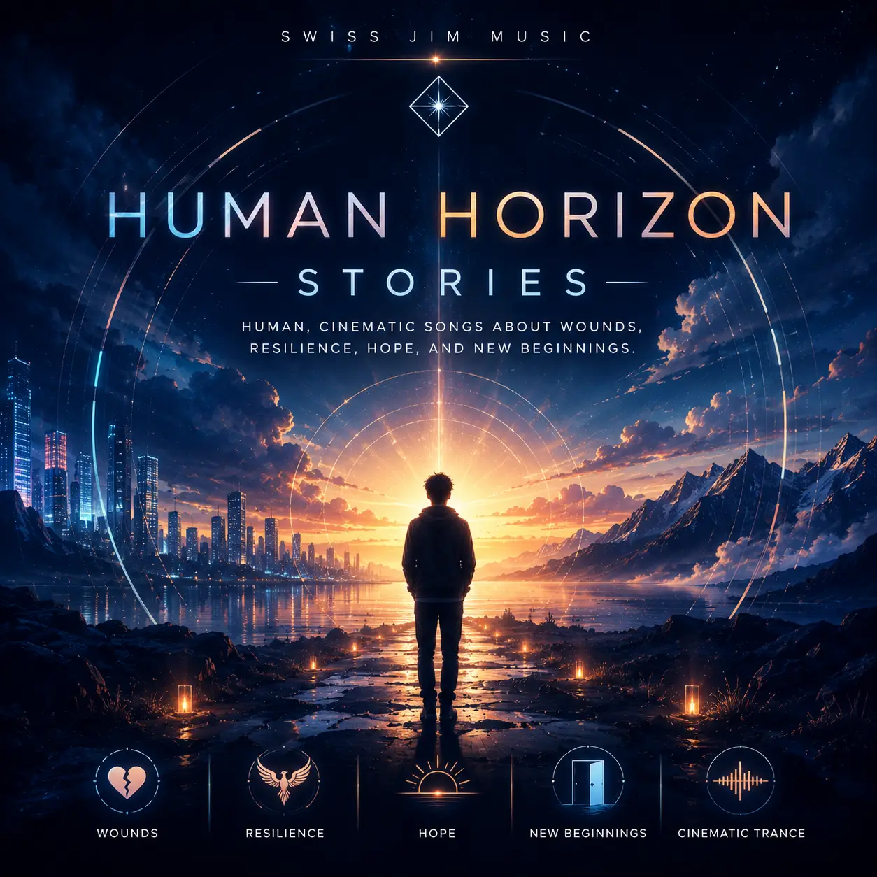 Visuel de la playlist Human Horizon — Stories de Swiss Jim Music, montrant un homme face à un horizon lumineux entre une ville futuriste et des montagnes.