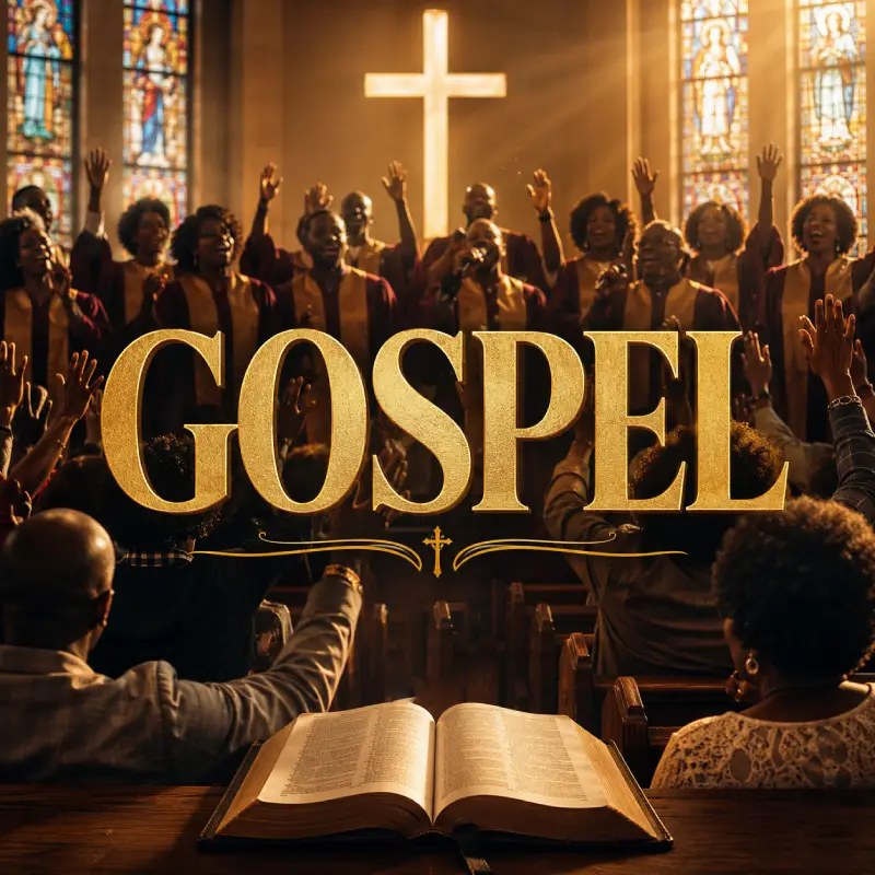 Playlist gospel Swiss Jim Music avec chorale dans une église, croix lumineuse et ambiance spirituelle.