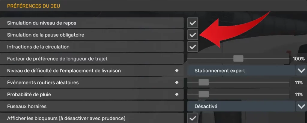 Préférences du jeu ATS et ETS2 avec simulation du repos, pause obligatoire, infractions, pluie et stationnement expert.