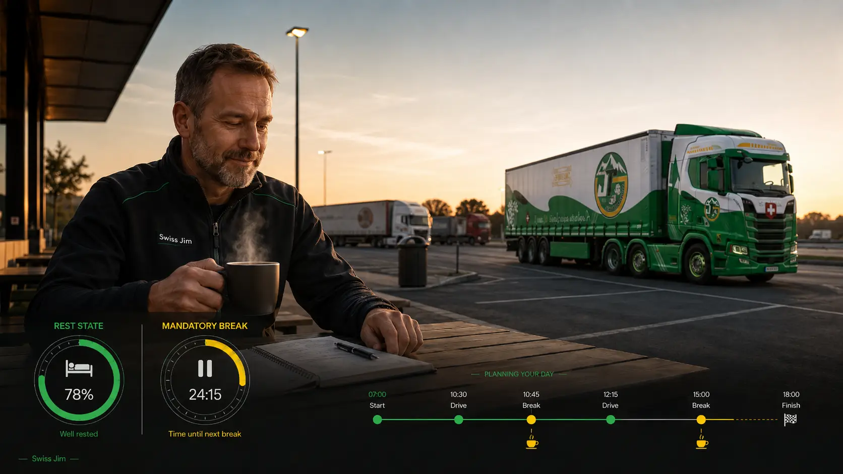 Chauffeur Swiss Jim en pause café avec camion Jim Transport, jauge de repos et pause obligatoire ATS ETS2.