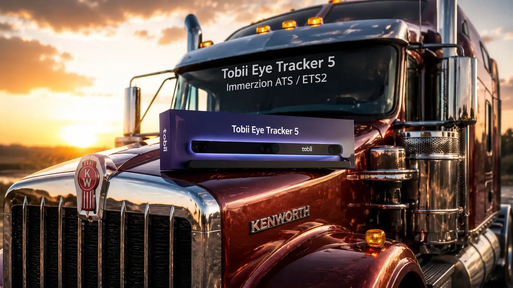 Tobii Eye Tracker 5 présenté sur un camion Kenworth pour illustrer l’immersion en simulation ATS et ETS2 avec suivi des yeux et de la tête.