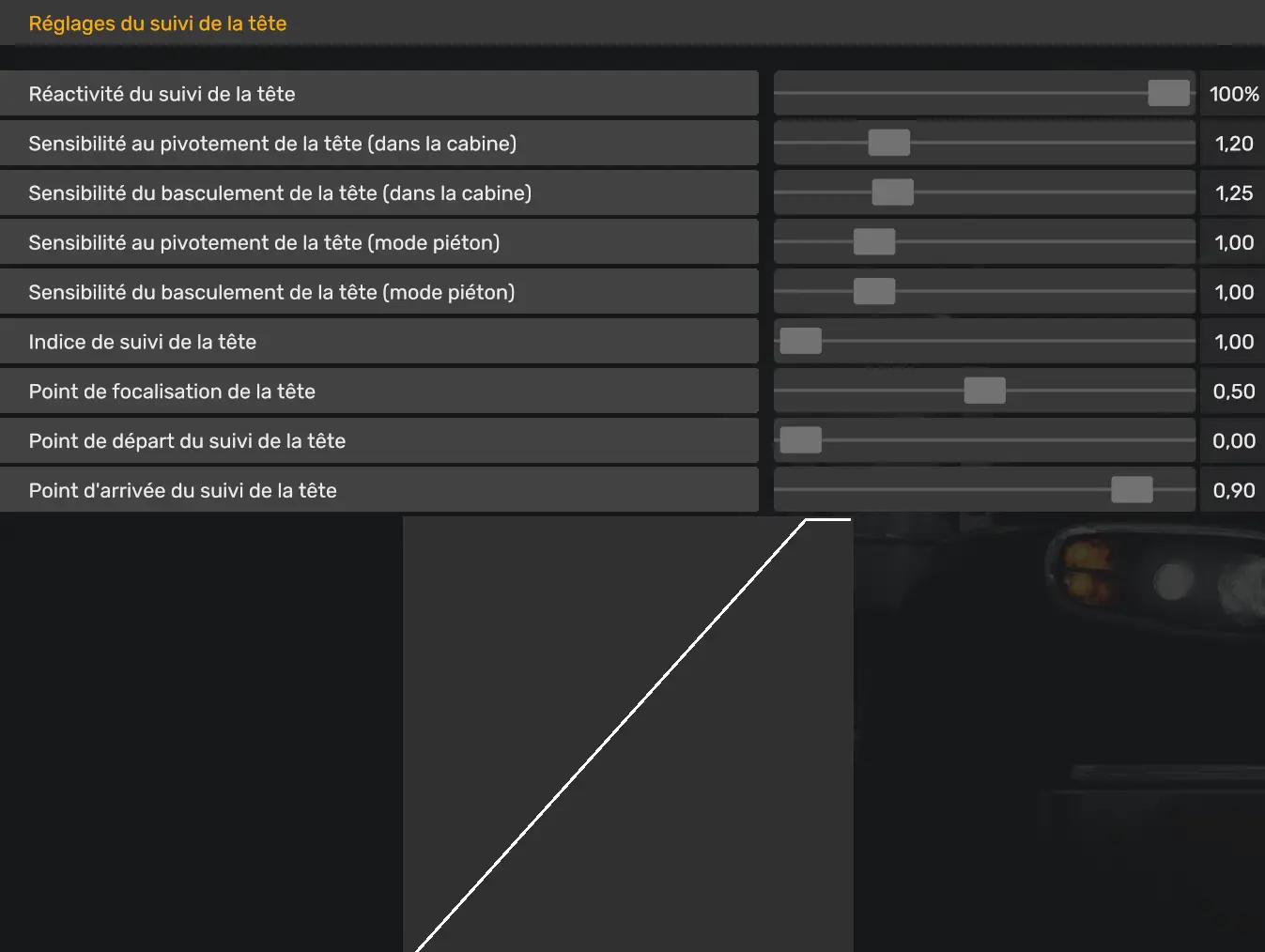 Réglages du suivi de la tête Tobii Eye Tracker 5 dans ATS et ETS2 avec réactivité à 100 % et sensibilité de caméra en cabine.