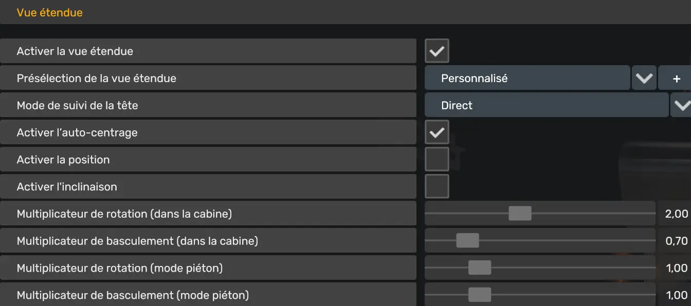 Réglage Vue étendue Tobii Eye Tracker 5 activé dans ATS et ETS2 avec suivi de tête en mode direct.