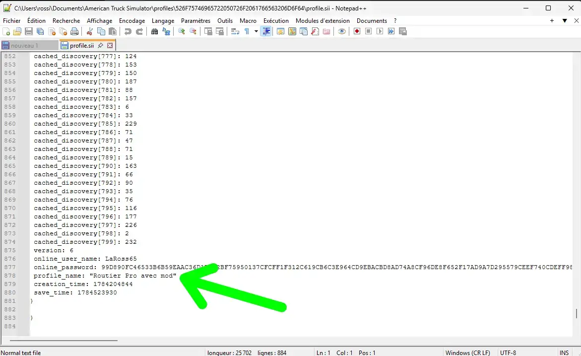 Nom d’un profil ATS affiché dans le fichier profile.sii avec Notepad++