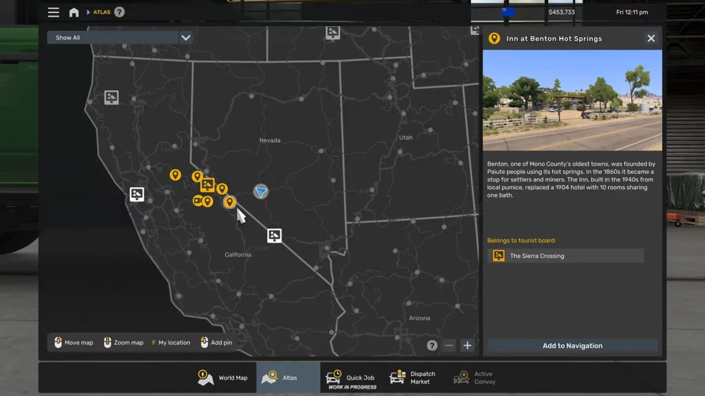 Atlas d’American Truck Simulator montrant Benton Hot Springs en Californie et les points touristiques de Sierra Crossing.