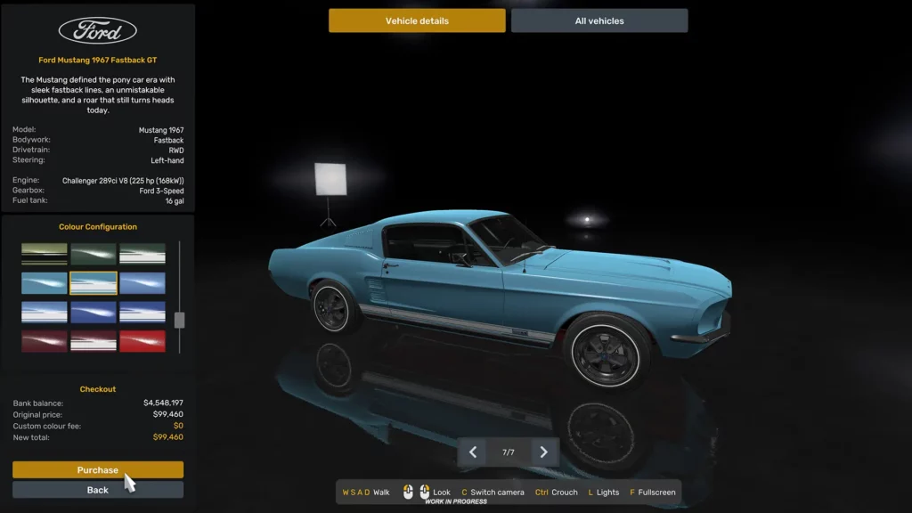 Ford Mustang 1967 Fastback GT bleue présentée dans le configurateur de véhicules d’American Truck Simulator.