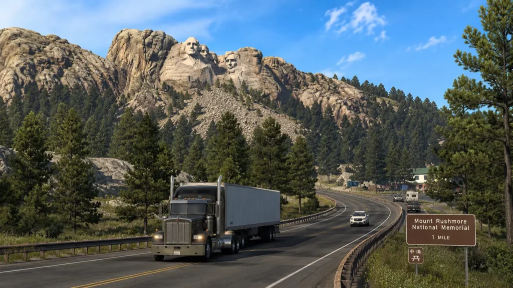 Camion devant Mount Rushmore dans le DLC South Dakota d’American Truck Simulator