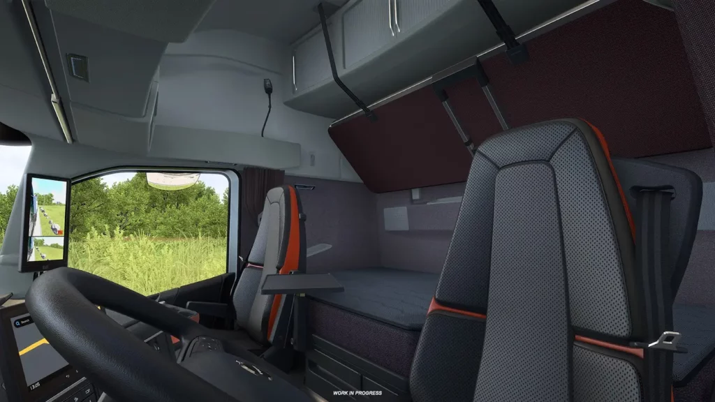 Intérieur d’un camion Volvo dans ETS2 avec tableau de bord numérique, GPS et nouveaux matériaux de la mise à jour 1.61.
